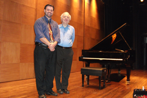 Tobias Hamilton with American classical pianist Richard Goode at a concert at The Society of the Four Arts in Palm Beach, FL. In the background is a Hamburg 9' concert grand regularly maintained by Hamilton Piano.