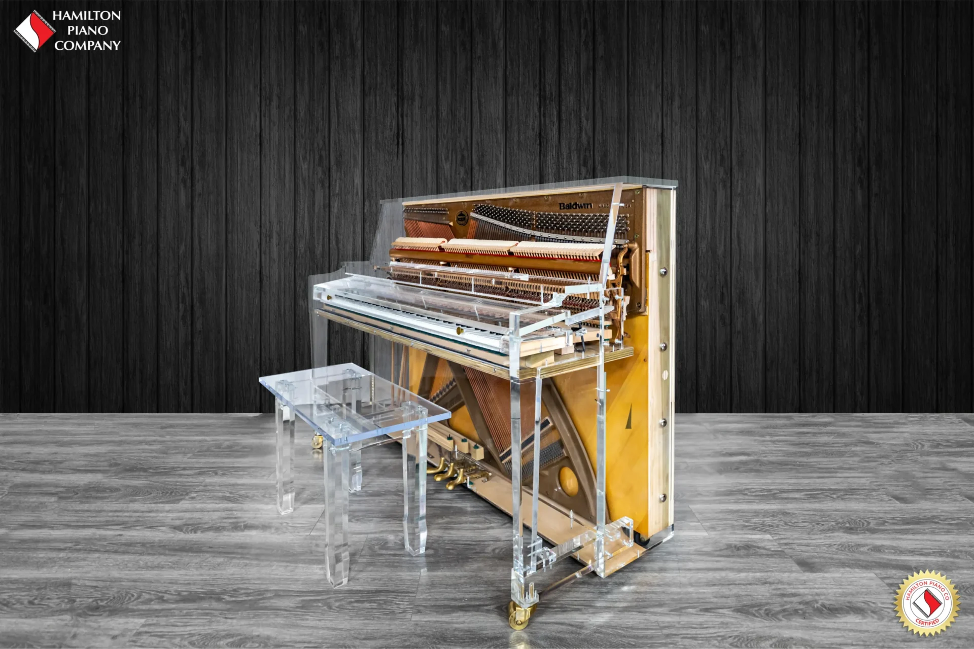 a custom built acrylic piano by hamilton piano company