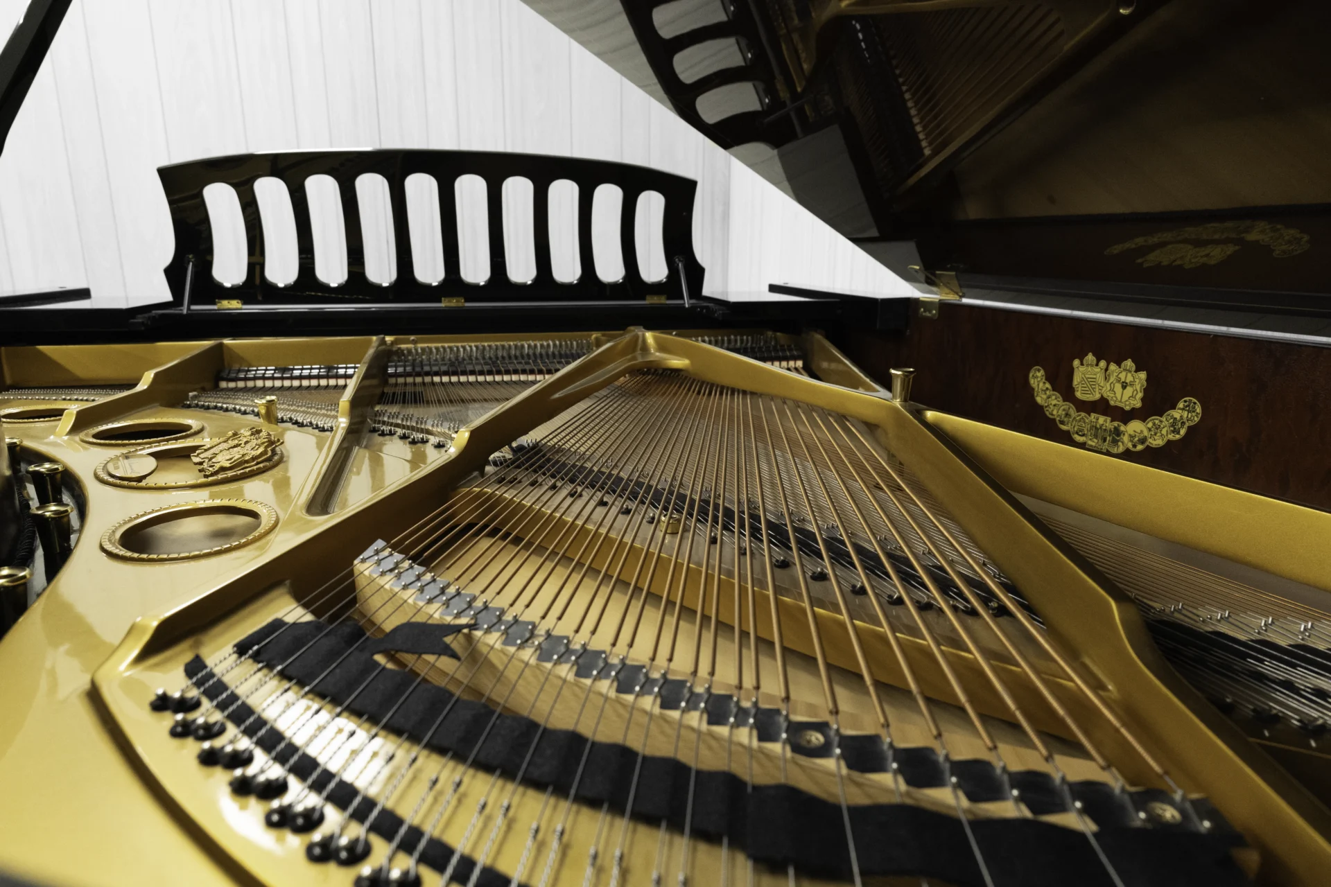 a look inside of this Schimmel Meisterstücke NWS Edition Grand Piano, showing off the beautiful harp, strings, soundboard, and mahogany rim