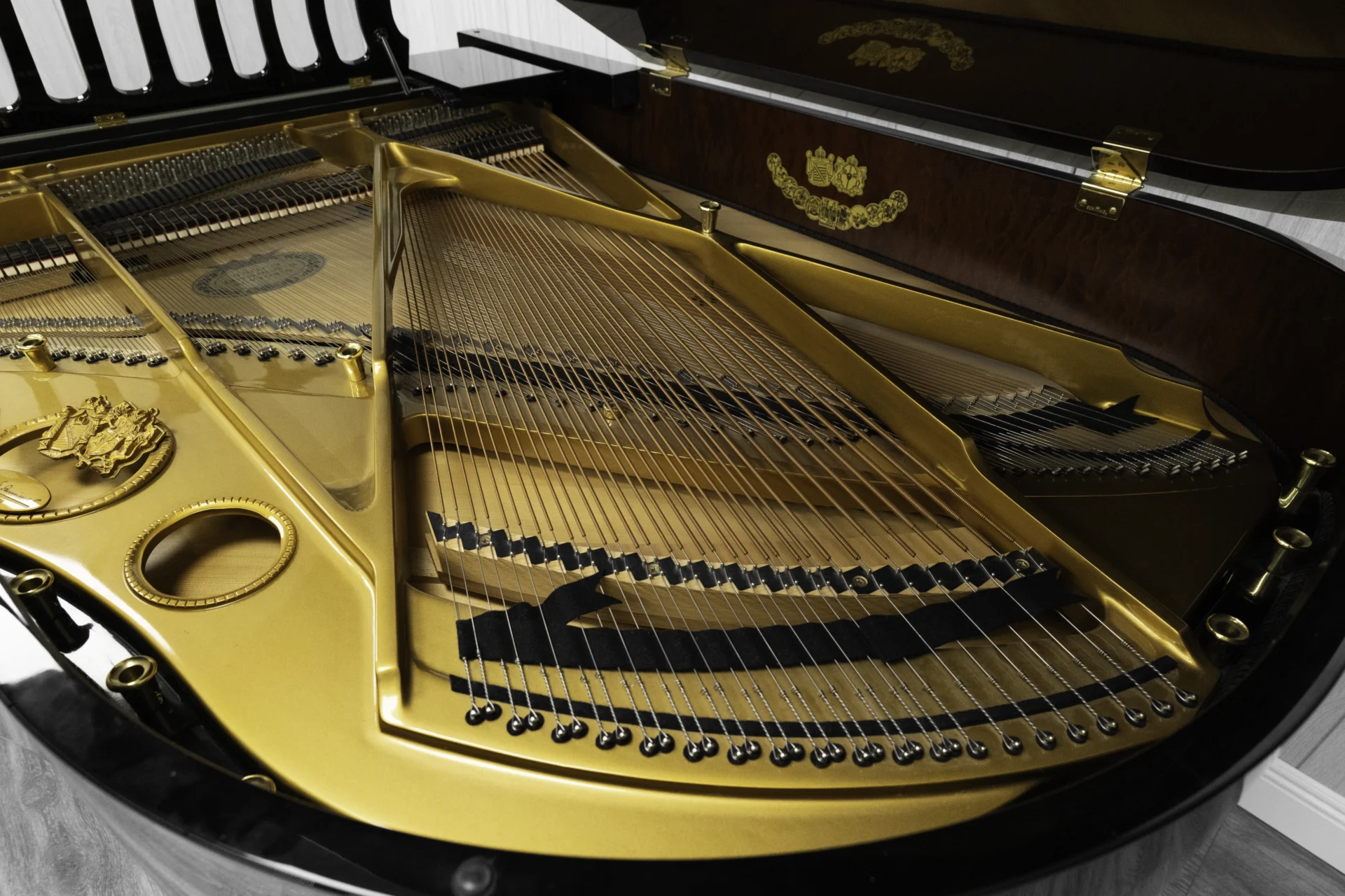 a look inside of this Schimmel Meisterstücke NWS Edition Grand Piano, showing off the beautiful harp, strings, soundboard, and mahogany rim
