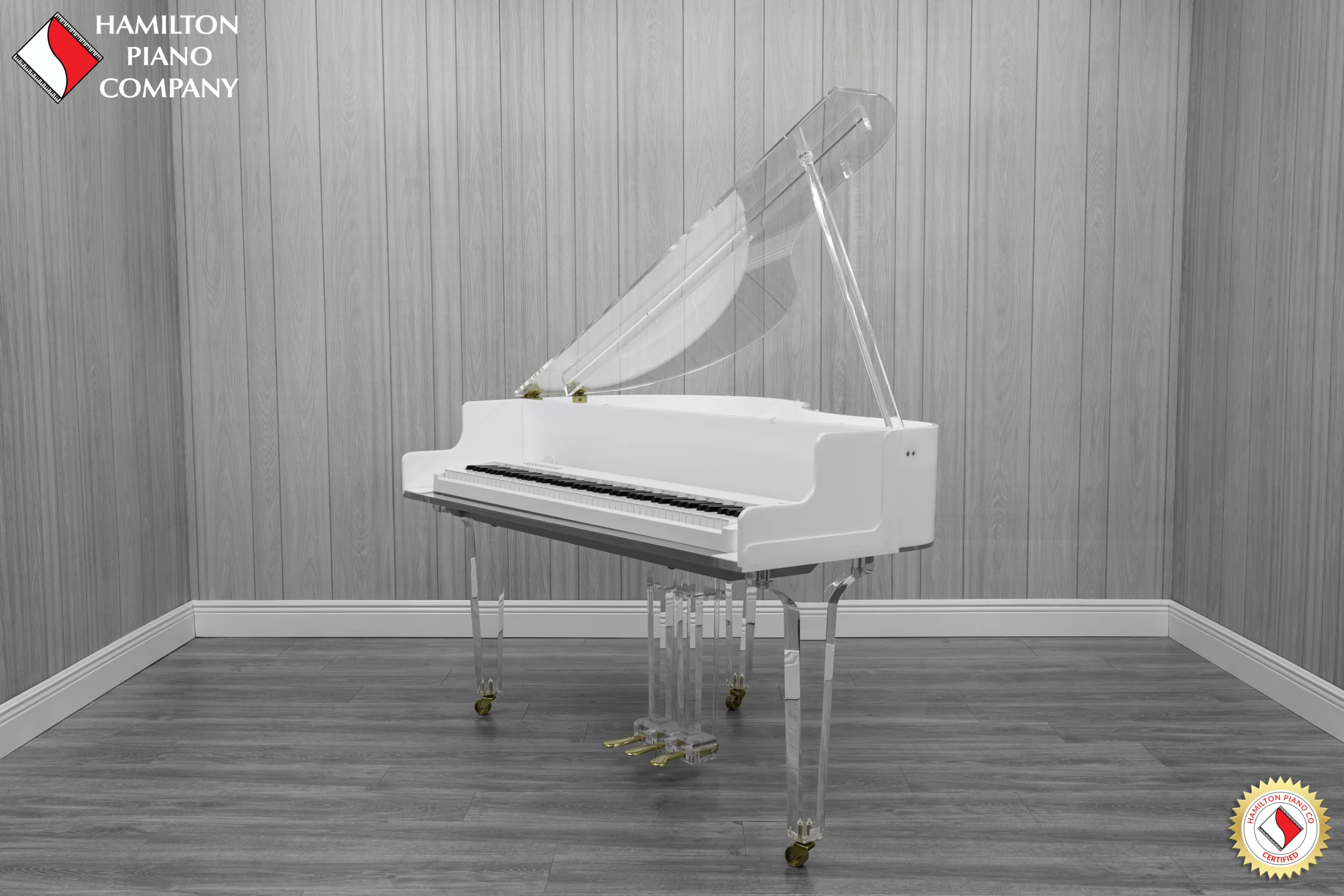 Roland FP-30X digital piano in a white and transparent acrylic shell with full-size weighted keys and modern design