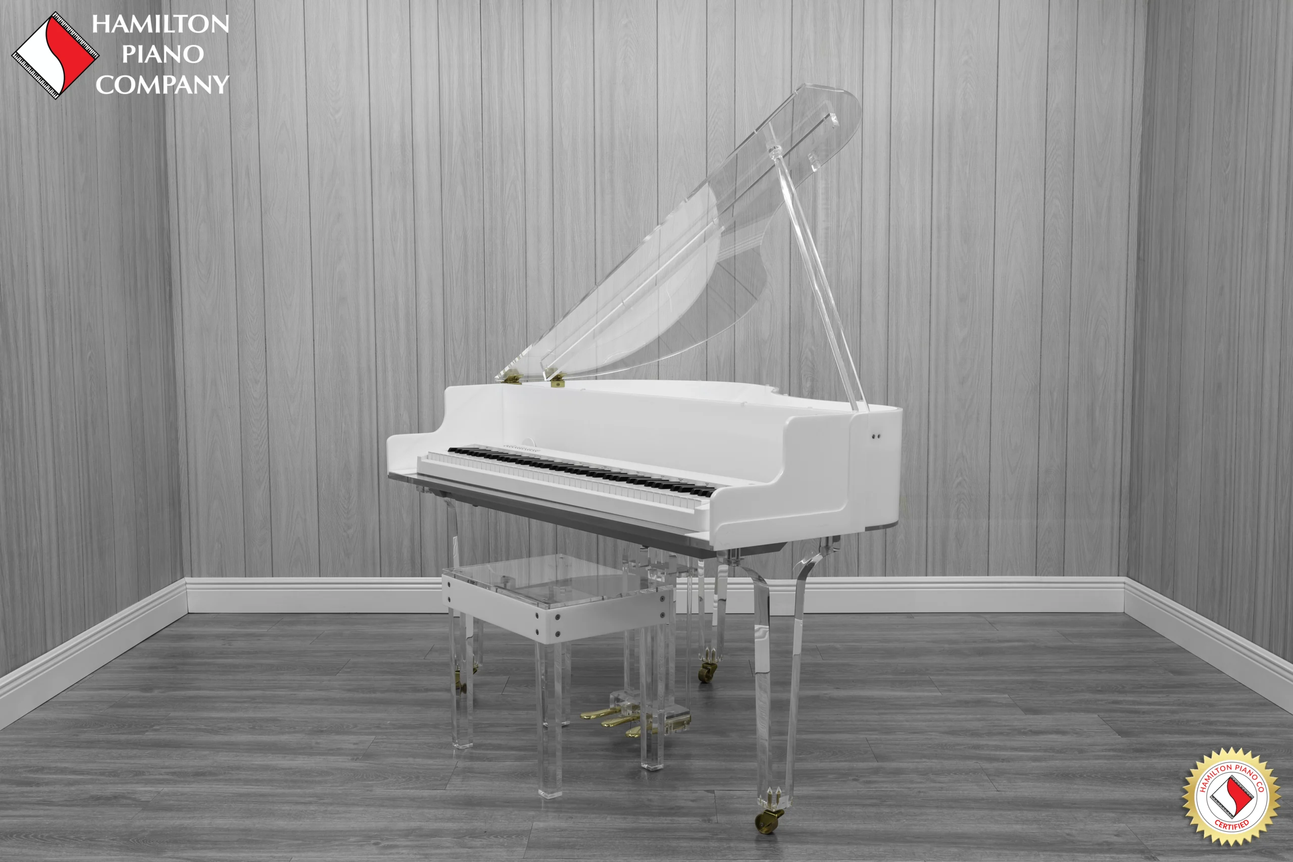 Roland FP-30X digital piano in a white and transparent acrylic shell with full-size weighted keys and modern design