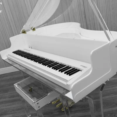 Roland FP-30X digital piano in a white and transparent acrylic shell with full-size weighted keys and modern design