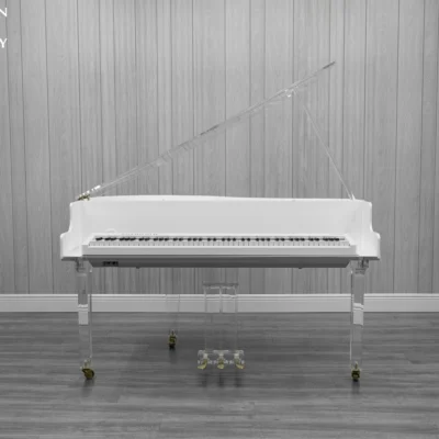Roland FP-30X digital piano in a white and transparent acrylic shell with full-size weighted keys and modern design