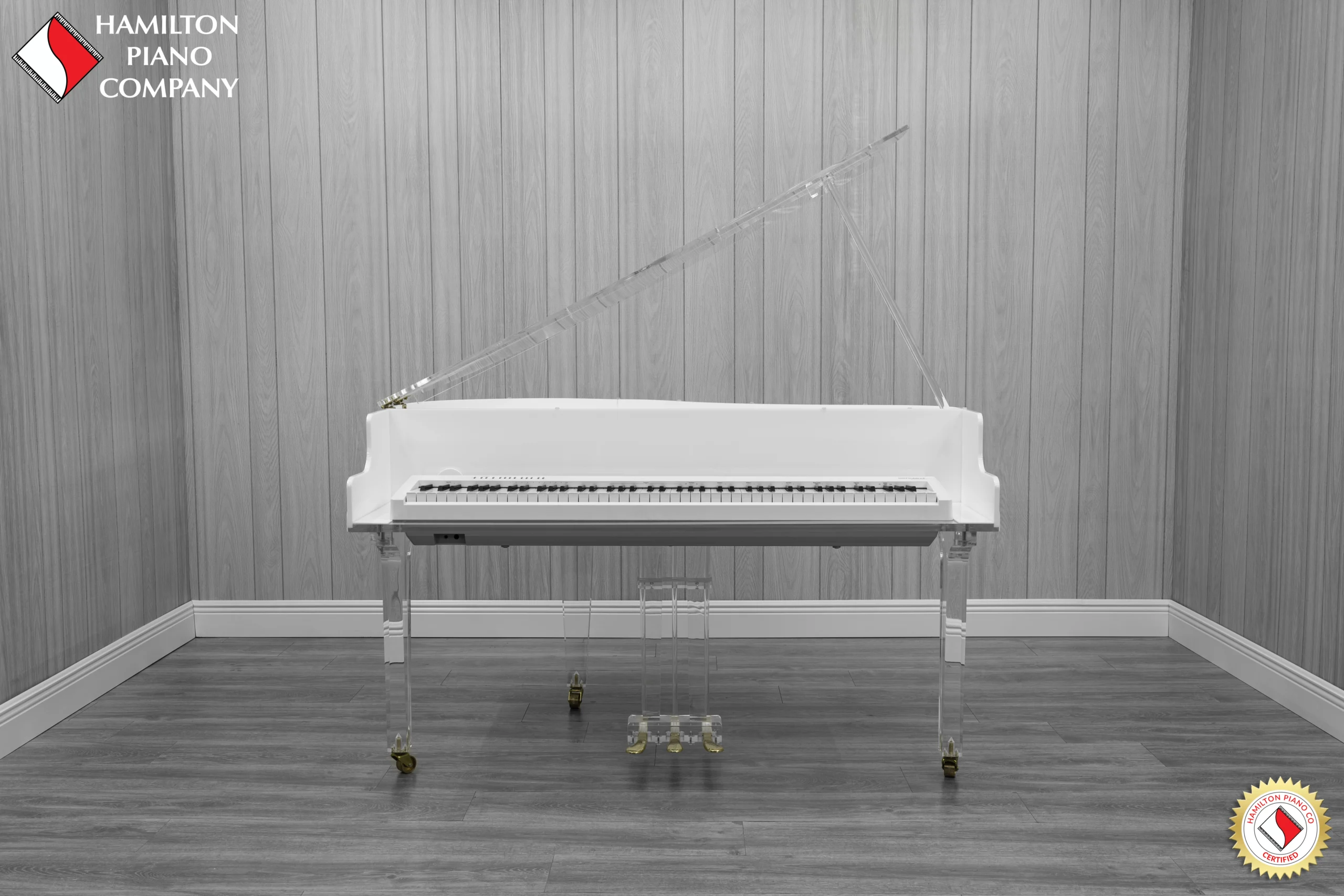 Roland FP-30X digital piano in a white and transparent acrylic shell with full-size weighted keys and modern design