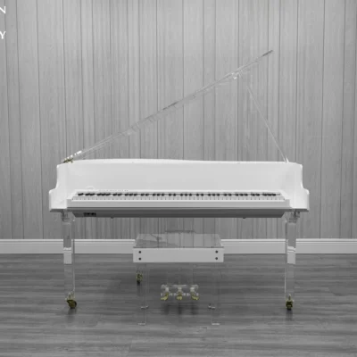 Roland FP-30X digital piano in a white and transparent acrylic shell with full-size weighted keys and modern design