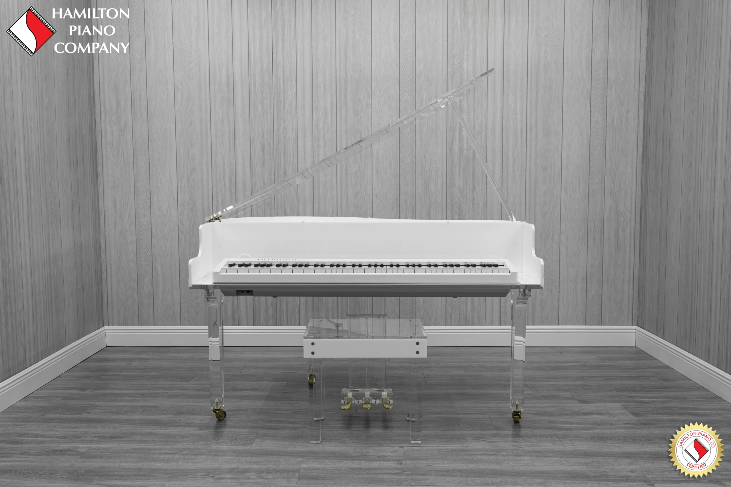 Roland FP-30X digital piano in a white and transparent acrylic shell with full-size weighted keys and modern design