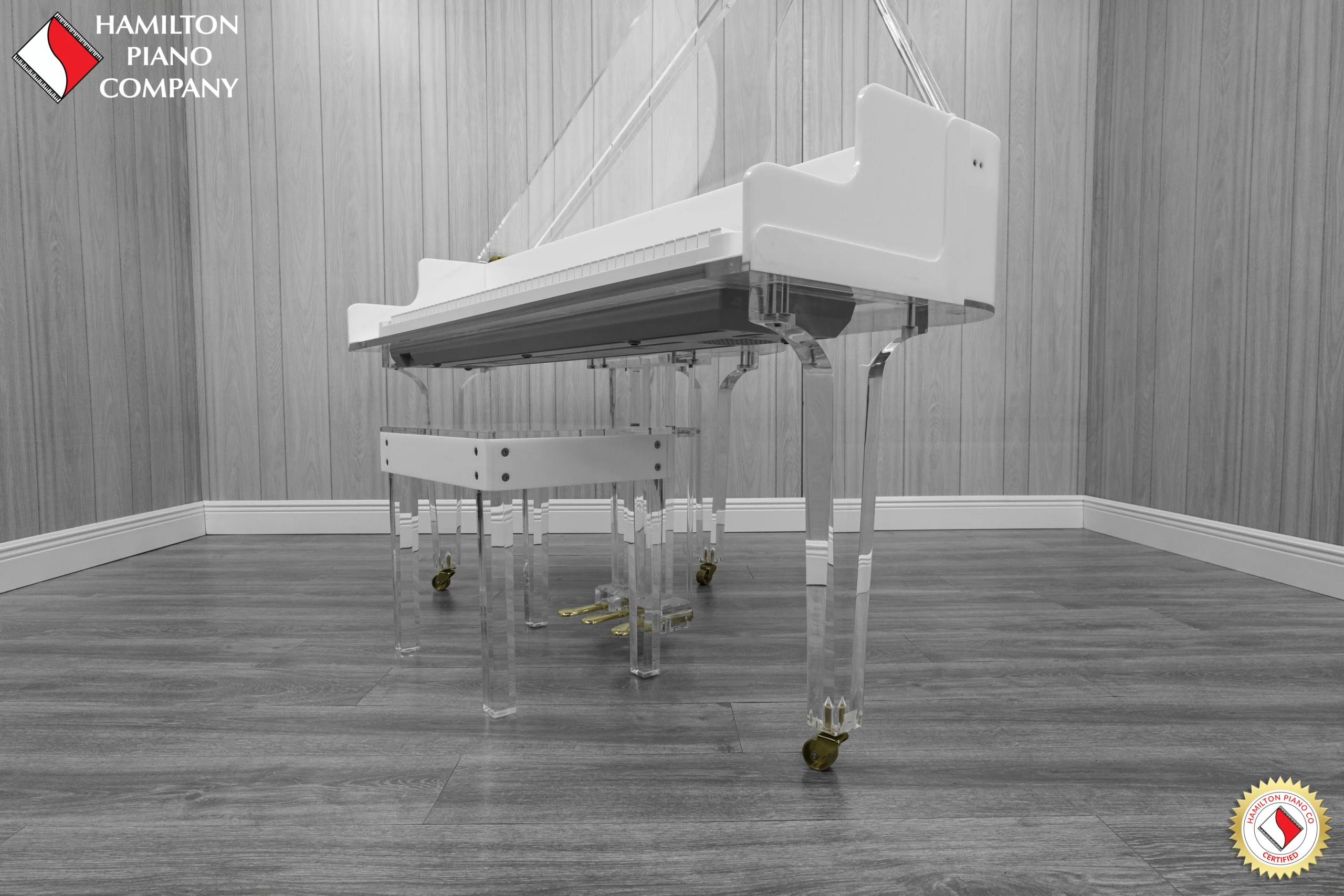 Roland FP-30X digital piano in a white and transparent acrylic shell with full-size weighted keys and modern design