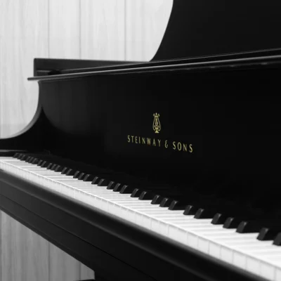 A Steinway M baby grand piano in a beautiful satin ebony finish. The image shows off the keys and Steinway logo.