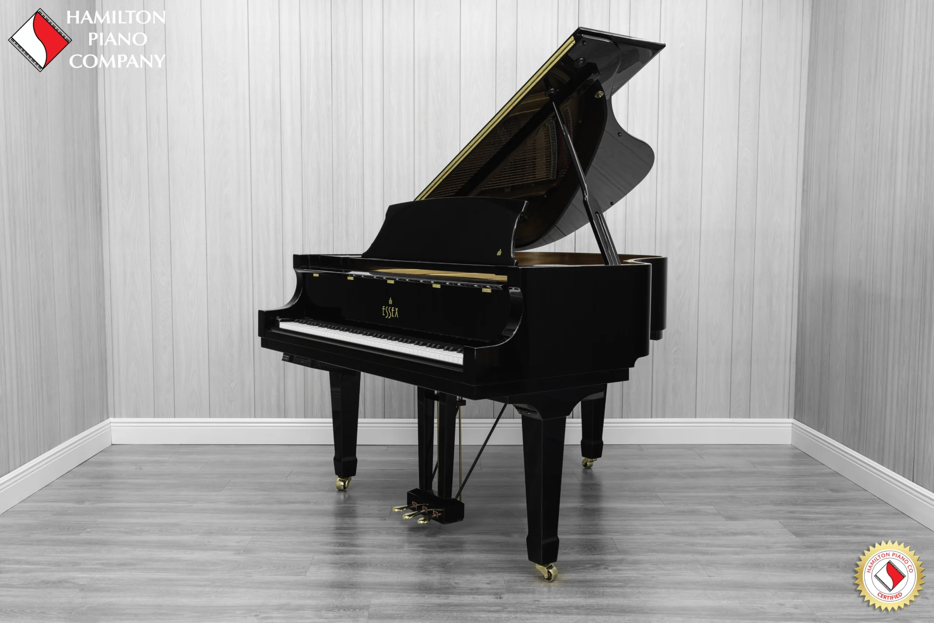 an Essex EGP-161 baby grand piano in a high polish ebony finish