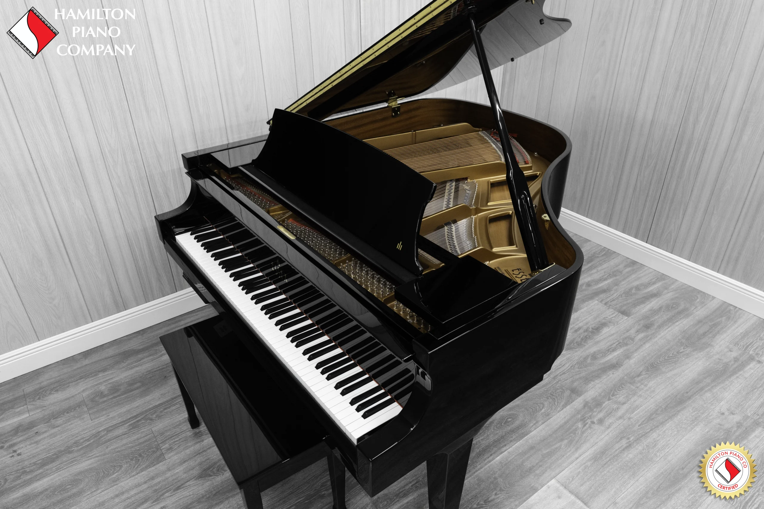 an Essex EGP-161 baby grand piano in a high polish ebony finish