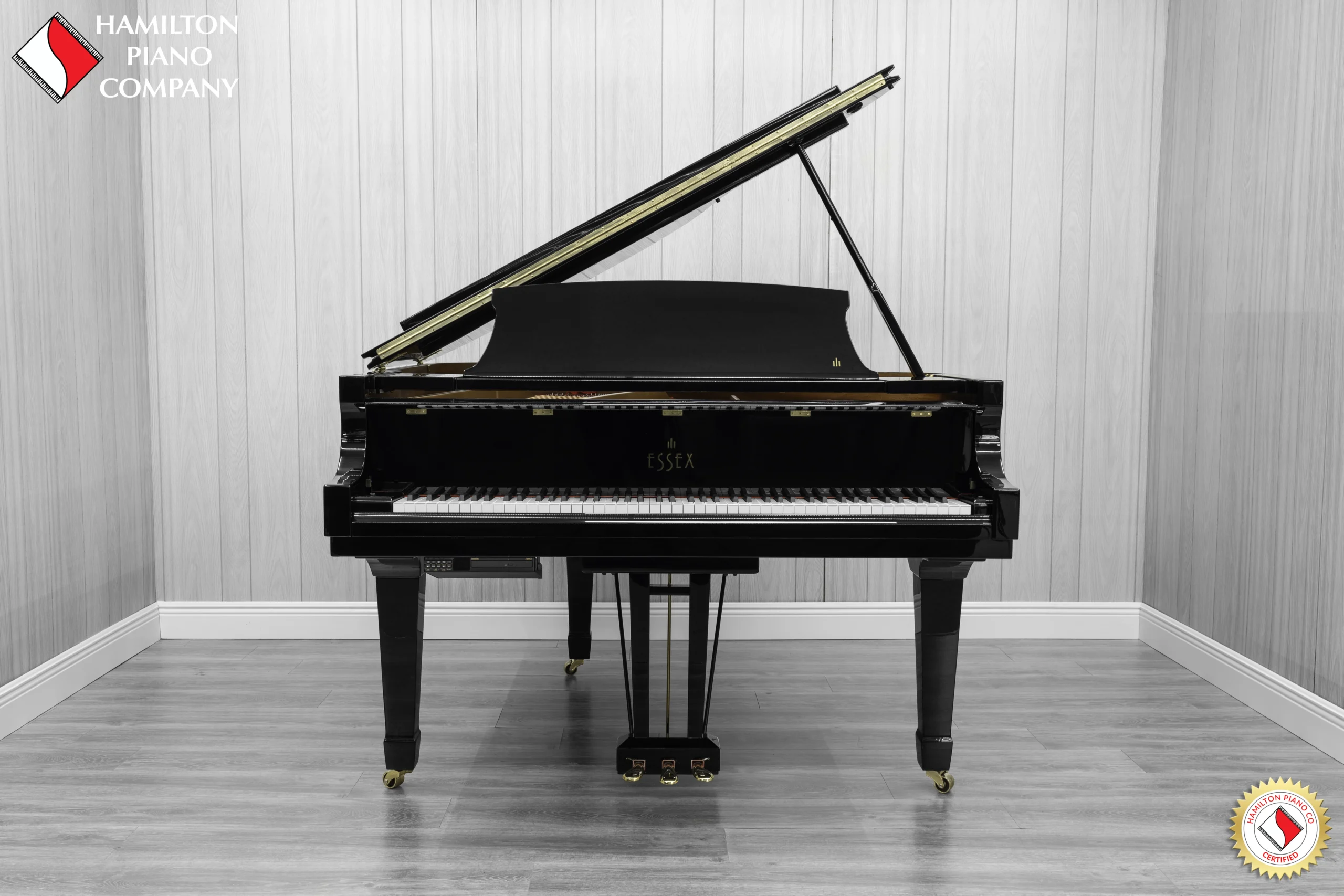 an Essex EGP-161 baby grand piano in a high polish ebony finish