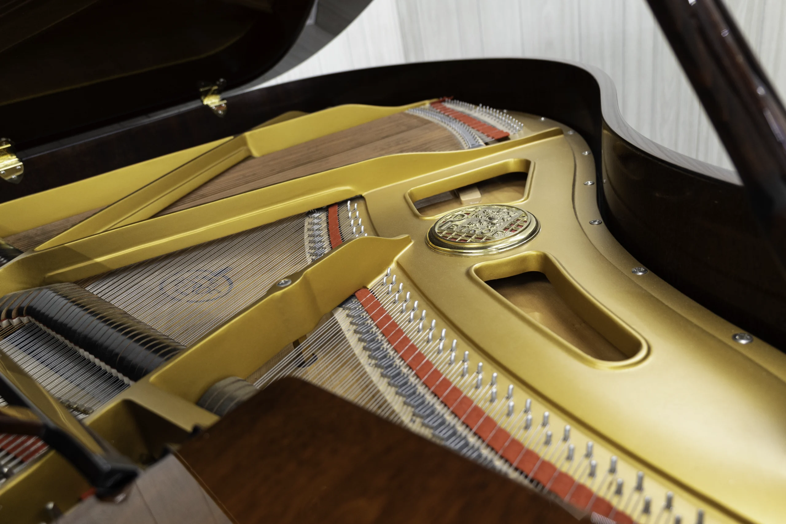 Interior of Petrof baby grand piano in high polish mahogany finish, focusing on the harp and strings.