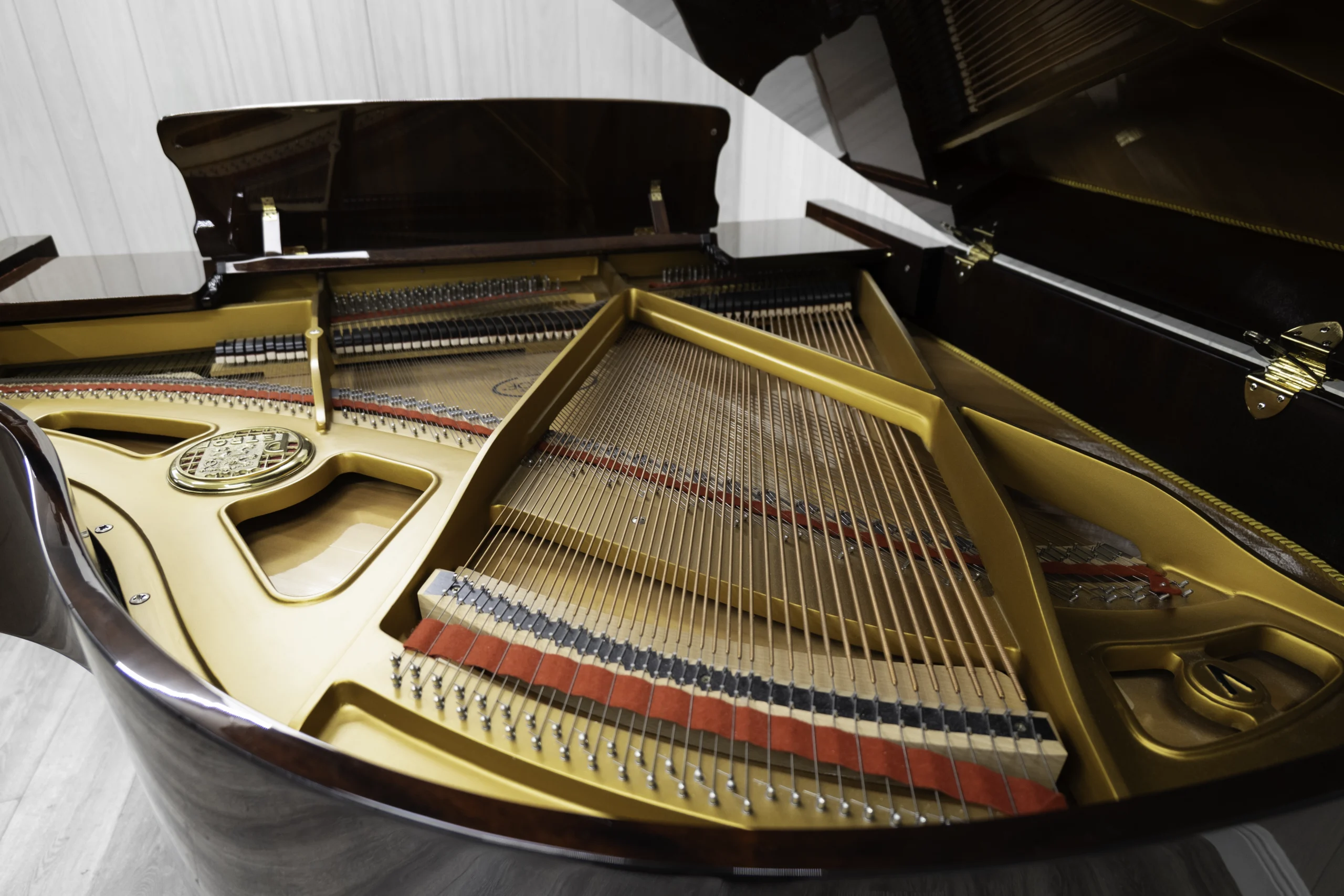 Interior of Petrof baby grand piano in high polish mahogany finish, focusing on the harp and strings.