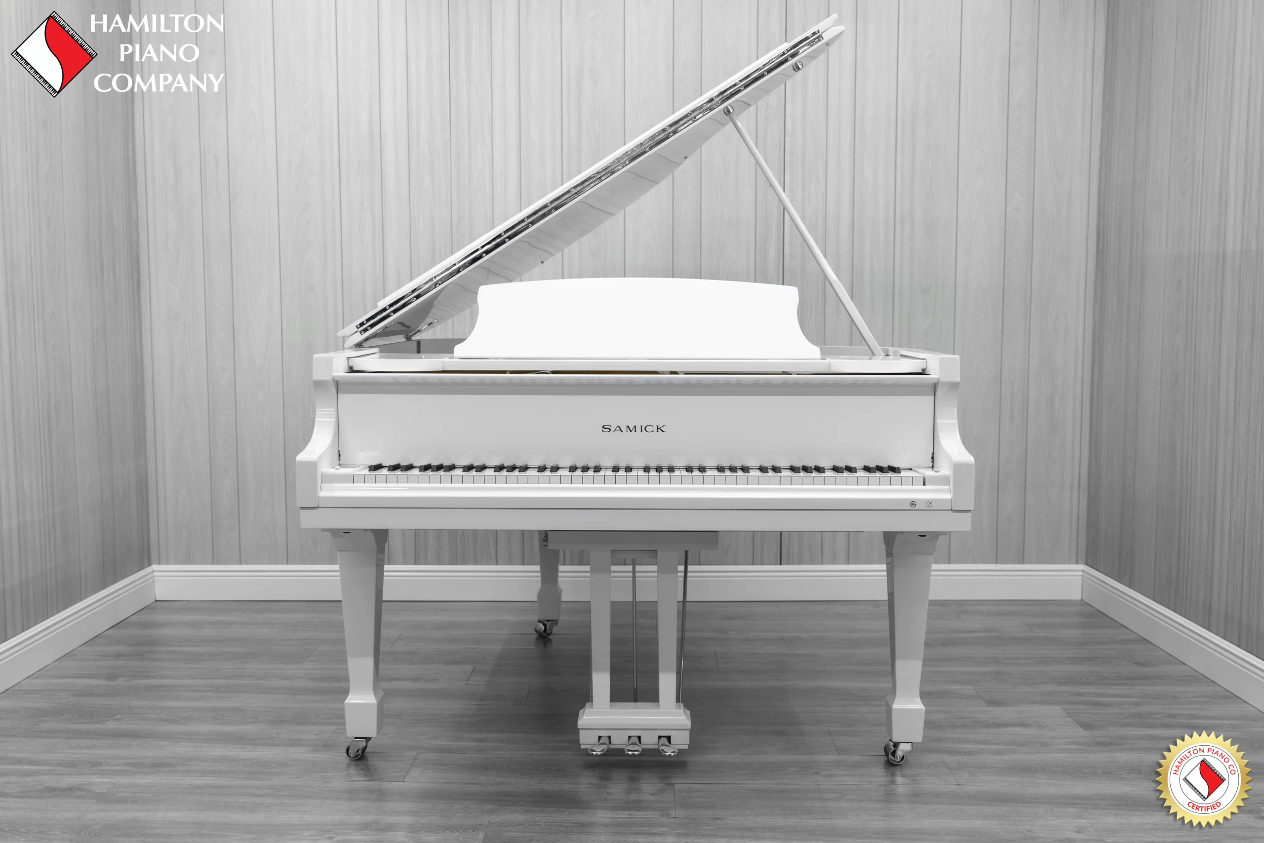 Samick SG-161 Baby Grand Piano in high-polish white finish