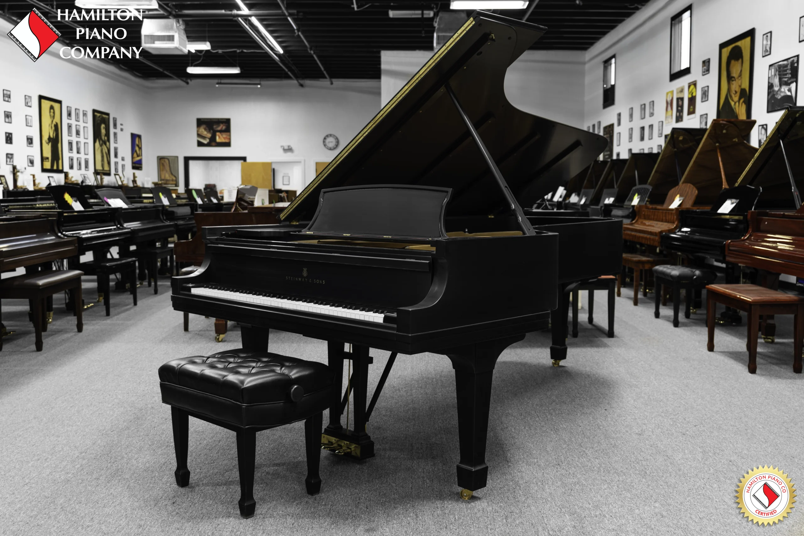 A 9ft Steinway D Concert Grand Piano in hand-rubbed satin ebony finish.