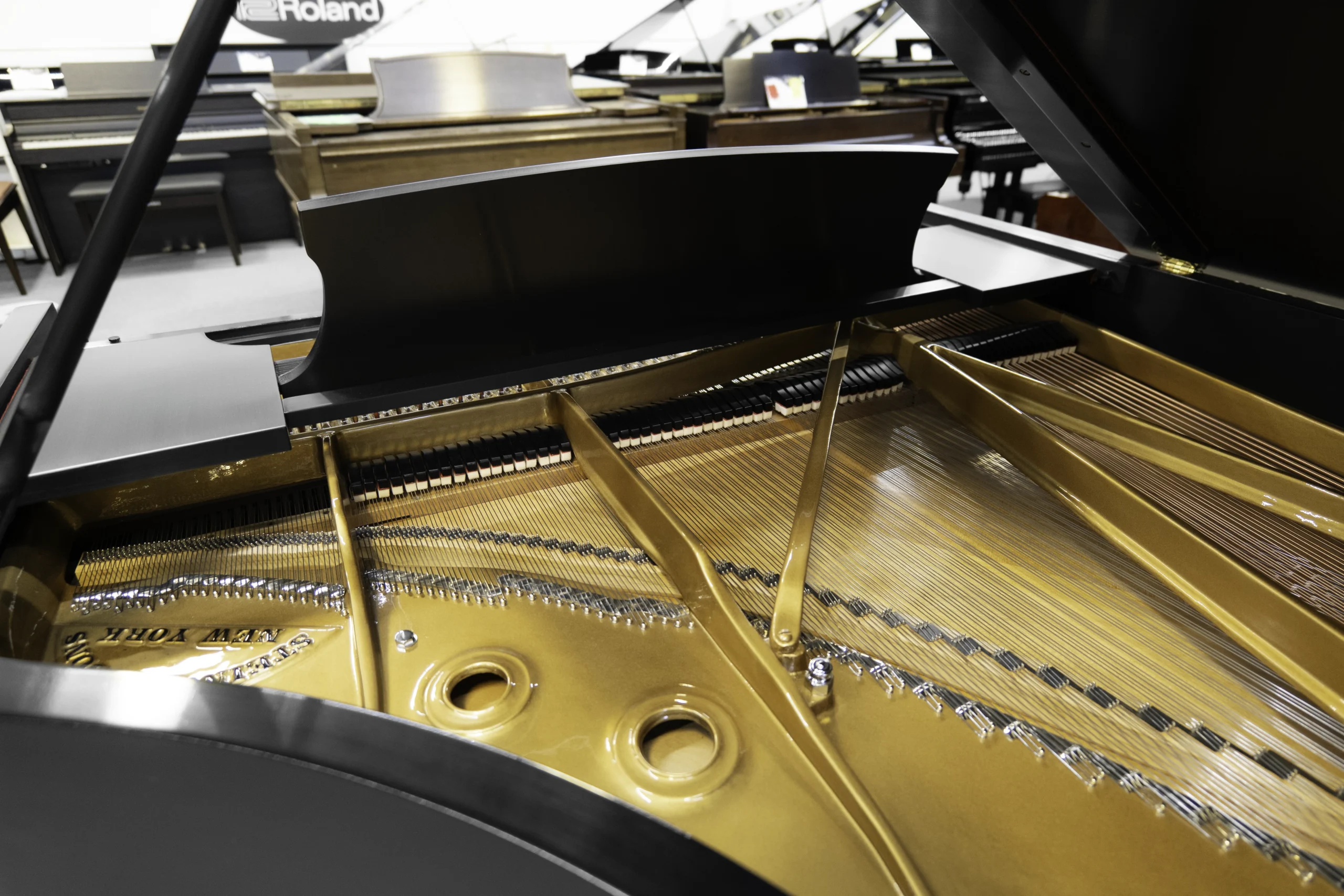 A 9ft Steinway D Concert Grand Piano in hand-rubbed satin ebony finish. An internal shot focusing on the piano harp and strings.