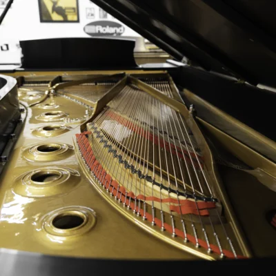 A 9ft Steinway D Concert Grand Piano in hand-rubbed satin ebony finish. An internal shot focusing on the piano harp and strings.