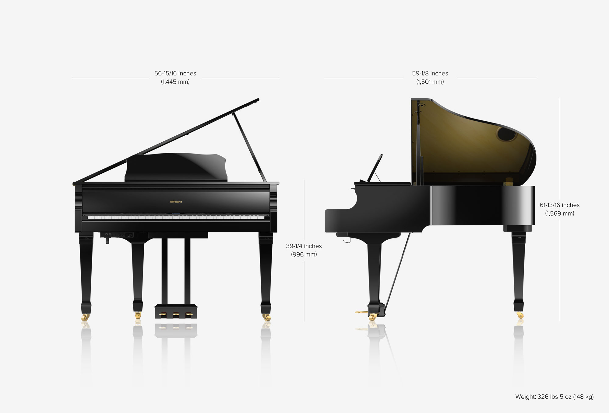 dimensions of a Roland GP609 digital baby grand piano