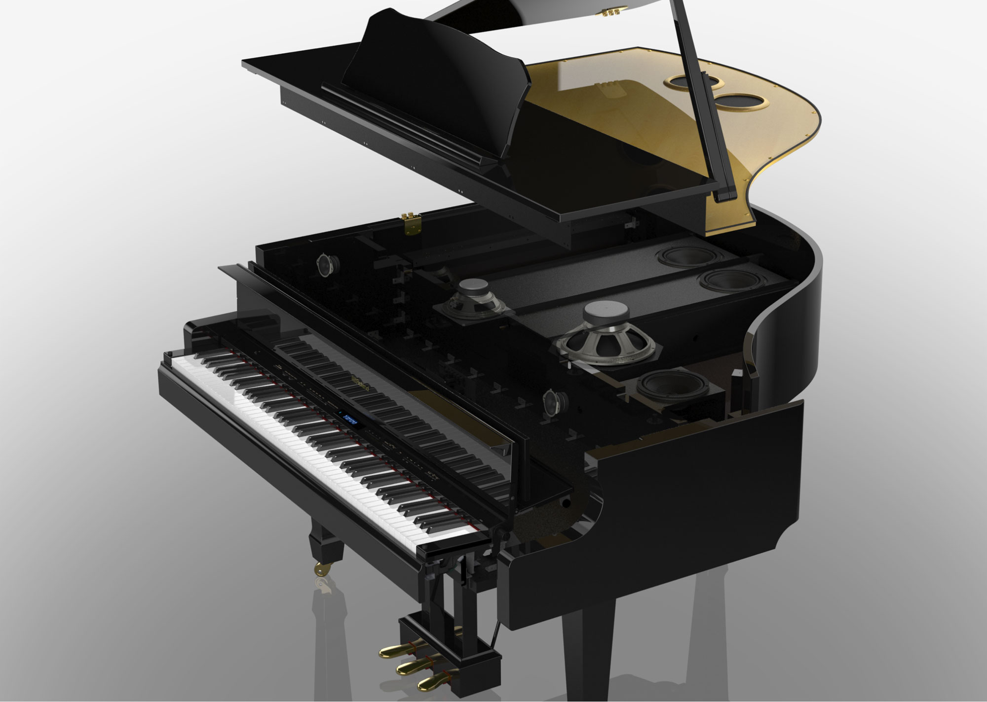 Roland GP609 digital baby grand piano exploded view with speakers visible